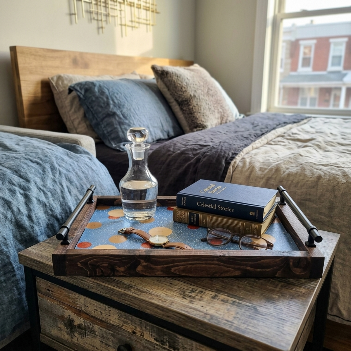 A rustic wooden nightstand in a bedroom setting, styled with a matching wooden tray, a glass decanter, a stack of books, and a watch.