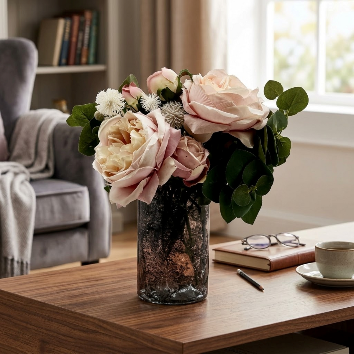 A floral arrangement of blush pink roses, cream peonies, and green foliage in a dark textured glass vase, styled on a wooden table in a cozy living room setting.